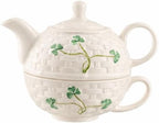 Belleek Classic Shamrock Tea for One Set, Handcrafted Teapot and Cup, Parian China Ceramic Tea Set, Microwave Safe, White by Belleek