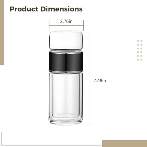 Tea Infuser Bottle, Double Wall Glass Travel Mug, Heat Resistant Tea Tumbler, Loose Leaf Tea Strainer Cup, Glass Water Tea Tumbler for Homes, Offices, Schools, Black, 11.8 oz - Image 2