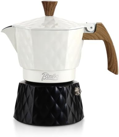 Bincoo 120ML Stovetop Espresso Maker Double Valve Moka Pot with Thermostat Extractor Prevent over-extraction,Italian Espresso Moka Pot with Powder Dispenser and Filter Paper for Home (White/Black) by Bincoo