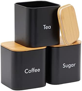 Juvale Coffee Tea Sugar Container Set - Black Iron Square, 3 Pack, 48 oz Each - Coffee Bean Storage & Sugar Storage - Countertop Kitchen Canisters with Tight Seal Lids by Juvale