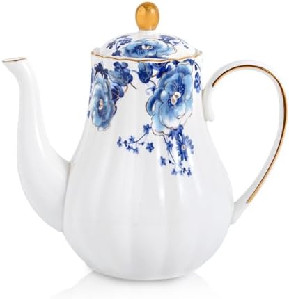 Agyiuns Tea Pot, Porcelain Teapot 37oz,tea pots for tea party,Tea Infuser Pots for Blooming loose Leaf Tea (White with blue flower) by Agyiuns