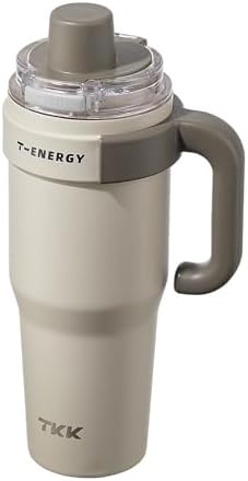 TKK 40 oz Insulated Tumblers with Handle and Straw, Stainless Steel Travel Mug with Ceramic Coating, Leak Proof Double Walled Iced Coffee Cup with Strainer for Hot & Cold Drinks, Beige by TKK