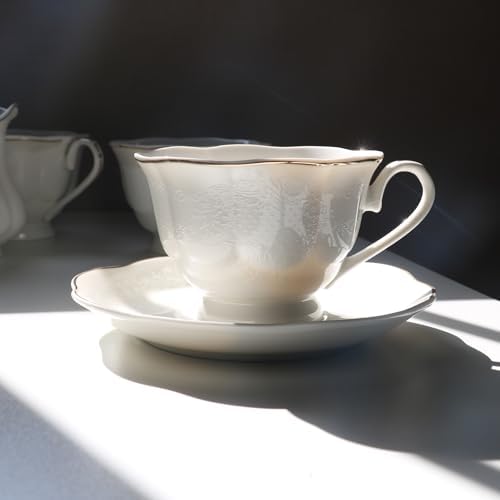 GuangYang 15-pcs Porcelain Tea sets for Adults, Off White Embossed Pattern with Gold Trim (A set Included 1 Teapot, 1 Sugar Bowl, 1 Cream Pitcher, 6 Cups and 6 Saucers) - Image 6