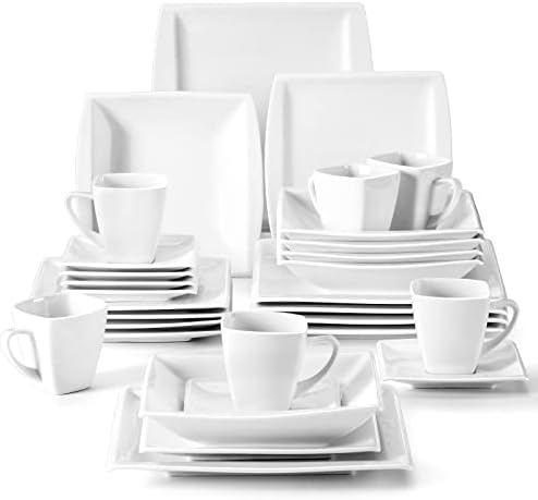 MALACASA 30 Piece Porcelain Dinnerware Set, Square Plates and Bowls for 6 by MALACASA