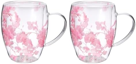 METALLIXITY Flowers Double Wall Glass Coffee Mugs 11.8oz Pink 2Pcs by METALLIXITY