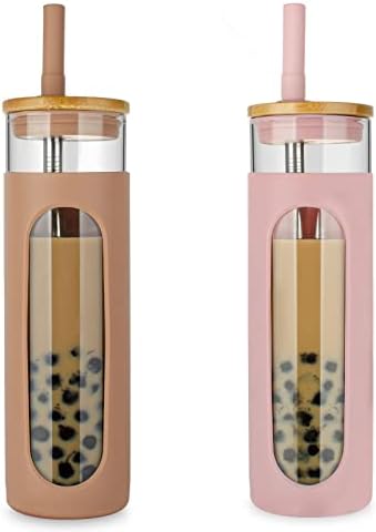 Tronco 26 oz Glass Tumbler with Lid & Straw, Reusable Iced Coffee Cups and Smoothie Cup with Bamboo Lid for Boba Tea, Coffee, Juice, BPA-Free Borosilicate Glass Cup for Home, Office & Gifts – 2 Pack by Tronco