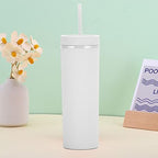 16oz Skinny Tumblers Bulk.Matte White Tumblers with Lids and Straws.Double Walled Plastic Acrylic Pastel Tumbler Cups for Iced Coffee Smoothie.DIY Slim Tumbler. - Image 4