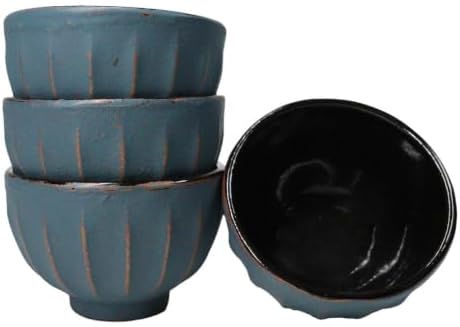 Ebros Gift Pack Of 4 Japanese Traditional Tetsubin Style Textured Surface Cast Iron Tea Cups Teacups Drinkware Tea Service Far East Decorative Accent (Blue And Gold Ridged Lines) - Image 4