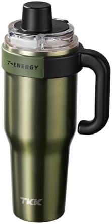 TKK 40 oz Insulated Tumblers with Handle and Straw, Stainless Steel Travel Mug with Ceramic Coating, Leak Proof Double Walled Iced Coffee Cup with Strainer for Hot & Cold Drinks, Olive Green by TKK