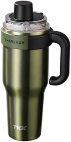 TKK 40 oz Insulated Tumblers with Handle and Straw, Stainless Steel Travel Mug with Ceramic Coating, Leak Proof Double Walled Iced Coffee Cup with Strainer for Hot & Cold Drinks, Olive Green by TKK