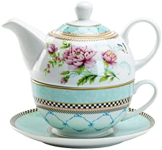 Porcelain 4-Piece Tea For One (Peony Trellis) by GracieBoneChina