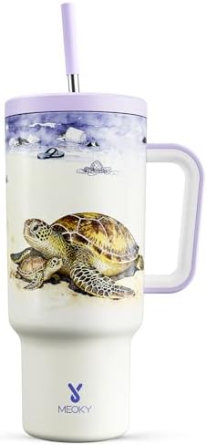 Meoky 40 oz Tumbler with Handle and Straw: Stainless Steel Insulated Tumbler with Lid and Straw - 100% Leak Proof Tumbler for Car Cup Holders - Travelers Commuters Workers, Sea Turtle by MEOKY