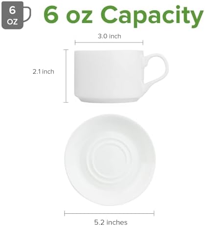 Fine Bone China Stackable Cup and Saucer Set of 6, Pure White Color Glaze Easy to Clean, 6 oz Capacity for Espresso & Cappuccino, Thin and Lightweight Comfortable to Hold, Microwave & Dishwasher safe - Image 3