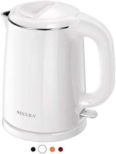 Secura Stainless Steel Double Wall Electric Kettle Water Heater for Tea Coffee w/Auto Shut-Off and Boil-Dry Protection, 1.0L (White) SWK-1001DW/HB-K012 by Secura