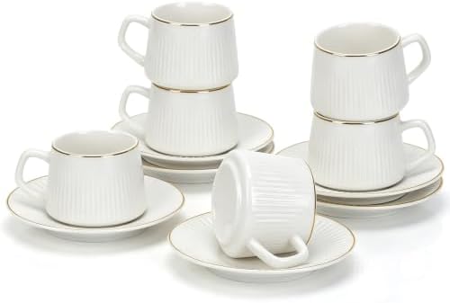 3.4oz Porcelain Espresso Cups & Saucer Set of 6, Turkish Coffee by Ulable