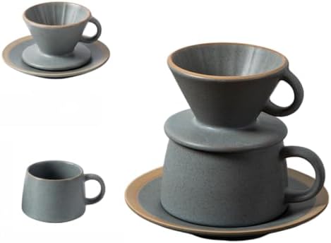 Ceramic Pour Over Coffee Dripper Set, 10oz/320ml Stoneware Single Serve Coffee Maker, 3 Holes Flat Bottom & Ribbed Grooves, Dishwasher/Microwave/Oven Safe for Home Office, Beige (Slate Gray) by Unknown