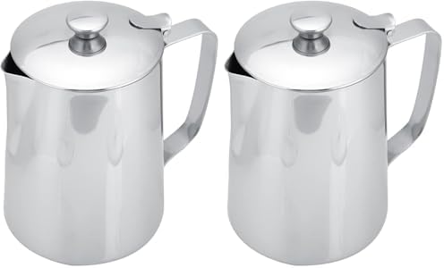 Stainless Steel Pitcher, 350ml Milk Pitcher with Lid，Stainless Steel Coffee Cup Mug Milk Frothing Jug for Latte Coffee Art for Office Kitchen (4.13in Height) (Pack of 2) by Haosie