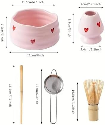 Cute Heart Decal Ceramic Matcha Set - Bowl Whisk And Holder Bamboo Scoop Sifter Tea Ceremony Kit(5pcs) - Image 6