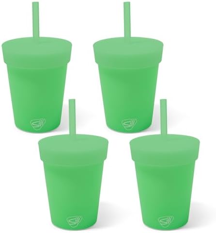 Silipint 8oz Silicone Tumbler with Straw and Lid – Unbreakable, BPA Free, Non-Toxic, Dishwasher, Microwave, Freezer Safe Tumbler Cup – Reusable Drinkware for Juice (Glow Green, 8oz - Pack of 4) by Silipint