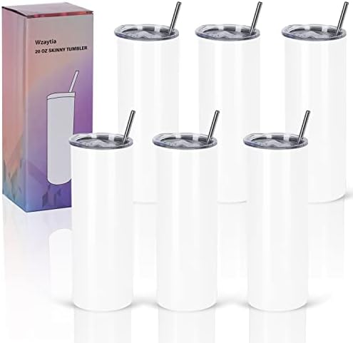 6 Pack 20 Oz Straight Skinny Tumblers,Individually Gift Boxed Stainless Steel Slim Skinny Tumbler Set Bulk, 20 Oz Insulated Slim Thin Travel Tumbler Cup for Diy, White by Wzaytia