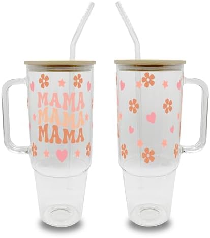 Sip-Sip Hooray! Retro Mama 40oz Glass Tumbler with Lid and Straw, Floral Mom Gift, Mother's Day Birthday Cup for Women, Flower Iced Coffee Drinkware by Sip-SipHooray