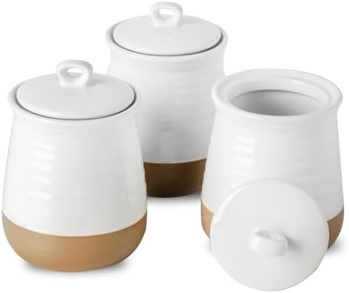 Ceramic Food Storage Jars,25 Oz Porcelain Kitchen Canisters with Airtight Lids Set of 3,Flour Containers for Countertop,Farmhouse Decor Serving Ground Coffee,Tea,Sugar,Pasta and Rice,White＆Yellow by Tikooere