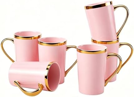 Pink and Gold Coffee Mugs Set of 6, 12 oz Porcelain by Loymokinar