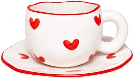 Ceramic Coffee Cup and Saucer Set, 10oz Cute Heart Pattern Tea Cup with Handle, Hand-Painted Porcelain Mug for Latte, Cappuccino, Espresso, Office & Home, Ideal Gift for Women by HDJNal