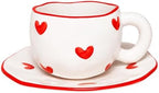 Ceramic Coffee Cup and Saucer Set, 10oz Cute Heart Pattern Tea Cup with Handle, Hand-Painted Porcelain Mug for Latte, Cappuccino, Espresso, Office & Home, Ideal Gift for Women by HDJNal