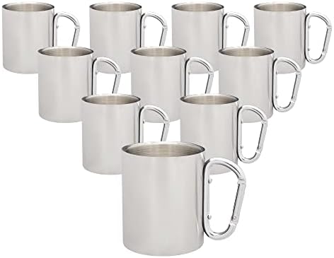 DISCOUNT PROMOS Stainless Steel Mugs with Carabiner Handle 10 oz. Set of 10, Bulk Pack - Perfect for Coffee, Soda, Other Hot & Cold Beverages - Silver by DISCOUNTPROMOS