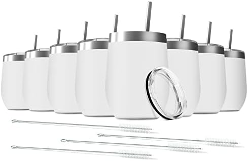 8 Pack 12 oz Stainless Steel Wine Tumbler with Lids, Double Wall Vacuum Insulated Travel Cup Including 8 Straws Set for Coffee, Cocktail, Drink, Tea and Beer (White) by Deitybless
