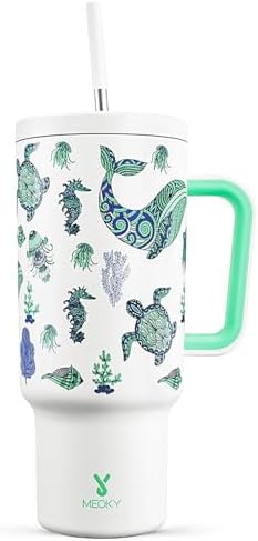 Meoky 40 oz Glow in the Dark Tumbler with Handle and Straw, Tumbler with Lid and Straw, Insulated Stainless Steel Travel Mug, 100% Leak-proof, Keeps Cold for 34 Hours (1 Pack, Sea Life) by MEOKY