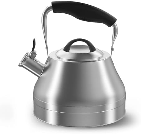 Stovetop Whistling Tea Kettle 2.4 QT / 2.3L, Stainless Steel Water Kettle for Induction, Gas & Electric Stoves, Fast Boiling Tea Kettle with Loud Whistle, Cool Touch Handle, Wide Lid, Satin, Silver by Stellagro