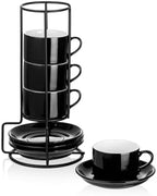 2.5 OZ Porcelain Stackable Espresso Cups and Metal Stand Set of 4 by MEICHU