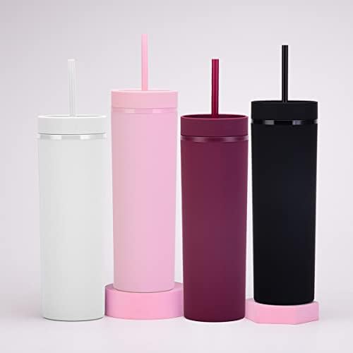 16oz Skinny Tumblers Bulk.Matte White Tumblers with Lids and Straws.Double Walled Plastic Acrylic Pastel Tumbler Cups for Iced Coffee Smoothie.DIY Slim Tumbler. - Image 5