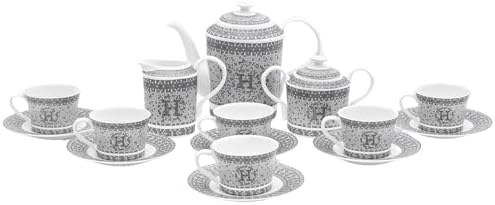 Complete Porcelain Tea Set for 6 - Silver Mosaic Design, 17 Piece by GiftsPlaza