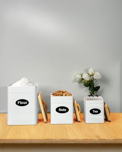 vensovo Kitchen Canister Set of 3 - Large 7 Qt Flour and Sugar Containers Airtight - White Metal Food Storage Jars with Bamboo Lids, Iron Spoon & Erasable Magnetic Labels, Farmhouse Decor for Pantry - Image 7