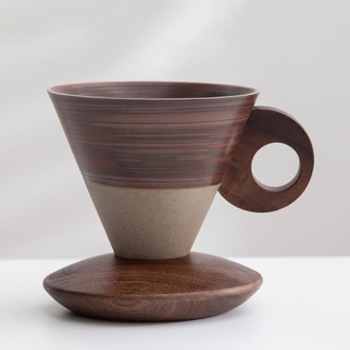 Farm Vintage Funnel Coffee Cups Set 7 Oz Ceramic Latte Mug With Saucer,Khaki Chocolate Espresso Cups, Cappuccino Cups,Tea Cup with Wooden Saucer and Handle Set CM09 by Unknown
