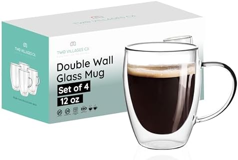 12 Oz Double Wall Borosilicate Insulated Glass Coffee Mug Set of 4, 350ml Coffee Cups with Handle for Cappuccino, Tea, Latte - Perfect Cappuccino Cup Gift by TwoVillagesCA