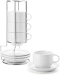 Sweese 8 Ounce Porcelain Stackable Cappuccino Cups with Saucers and Metal Stand - for Specialty Coffee Drinks, Cappuccino, Latte, Americano and Tea - Set of 4, White by Sweese