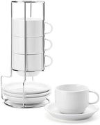 Sweese 8 Ounce Porcelain Stackable Cappuccino Cups with Saucers and Metal Stand - for Specialty Coffee Drinks, Cappuccino, Latte, Americano and Tea - Set of 4, White by Sweese
