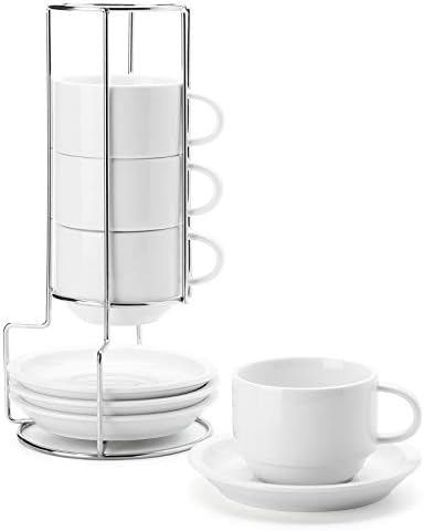Sweese 8 Ounce Porcelain Stackable Cappuccino Cups with Saucers and Metal Stand - for Specialty Coffee Drinks, Cappuccino, Latte, Americano and Tea - Set of 4, White by Sweese