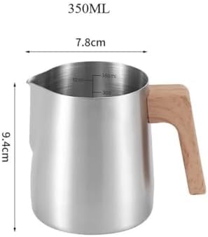 Milk Frother Cup Stainless Steel 350ml/600ml Stainless Steel Coffee Milk Foam Cup Latte Art Frothing Pitcher with Wooden Handle Internal Scale(Silver-350ml) - Image 2