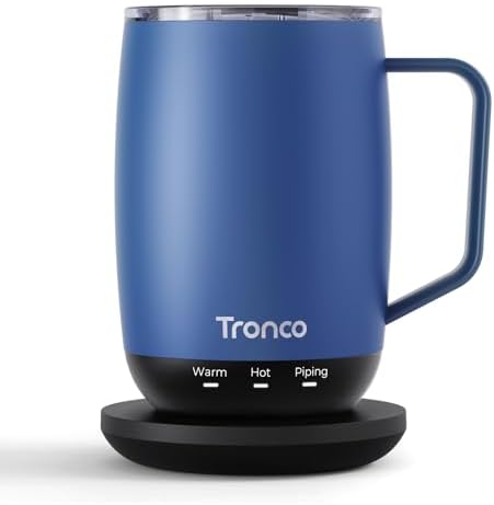 Tronco Temperature Control Heated Coffee Mug 14 oz – Rechargeable Self-Heating Coffee Mug with Lid – Manual Control, 3 Modes, 130 Min Battery Life, Auto Shut-Off (Blue) by Tronco