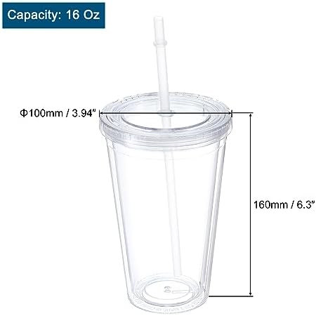 uxcell Acrylic Tumbler with Lid and Straw, 16 Oz Reusable Double Wall Cups for Ice Coffee, Clear Travel Tumblers for Birthdays Gifts, Customization (Grey) - Image 2