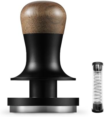Espresso Tamper with Flat Base, 30 Lbs Calibrated Spring Constant Pressure, Sound Feedback, Self Adjusting Depth, 304 Stainless Steel Base, Walnut Wood Handle (58mm) by Unknown
