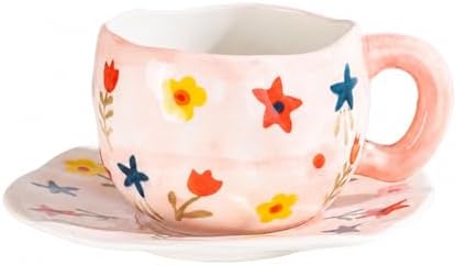 10oz Hand-Painted Ceramic Cup and Saucer Set, Cute Floral Print Coffee Mug with Handle, Porcelain Tea Cup for Office, Home, Kitchen, for Coffee Lovers by HDJNal