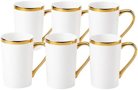 White and Gold Coffee Mugs Set of 6, 12 oz Porcelain by Loymokinar