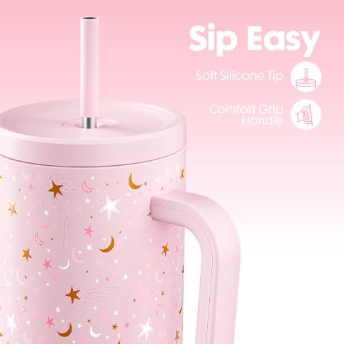 Meoky 40 oz Tumbler with Handle and Straw: Glow in the Dark Tumbler with Lid and Straw - Stainless Steel Insulated Tumbler for Car Cup Holders - Travelers Commuters Workers (1 Pack, Starry Sky) - Image 5