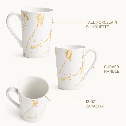 White Gold Marble Coffee Mugs Set of 6, 12 oz Porcelain - Image 4